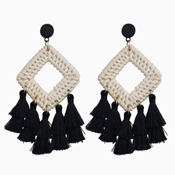 Bohemian Rattan Tassel Earrings for Women Lightweight Boho Jewelry Handmade Weaving Geometric Long Drop Statement Earrings