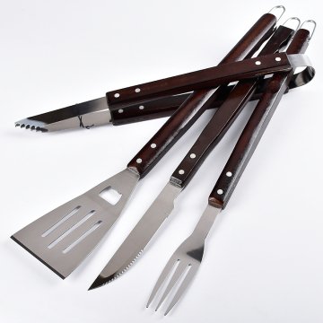 4pcs brown wooden hanle bbq tools set