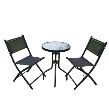 outdoor tempered glass round table and textilener mesh chairs garden furniture 3pcs bistro set