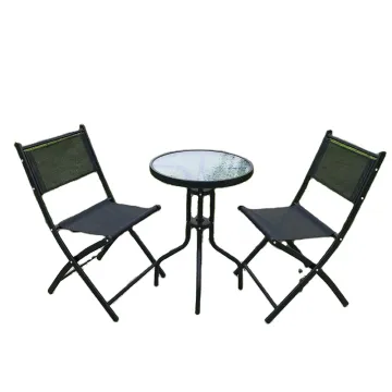 outdoor tempered glass round table and textilener mesh chairs garden furniture 3pcs bistro set