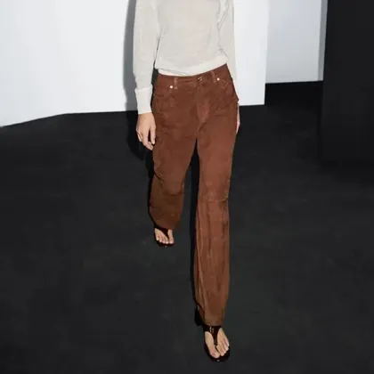 Women's modern style suede leather straight leg pants