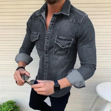 Men's Slim Fit Denim Jacket - Casual Long Sleeved Shirt Jacket