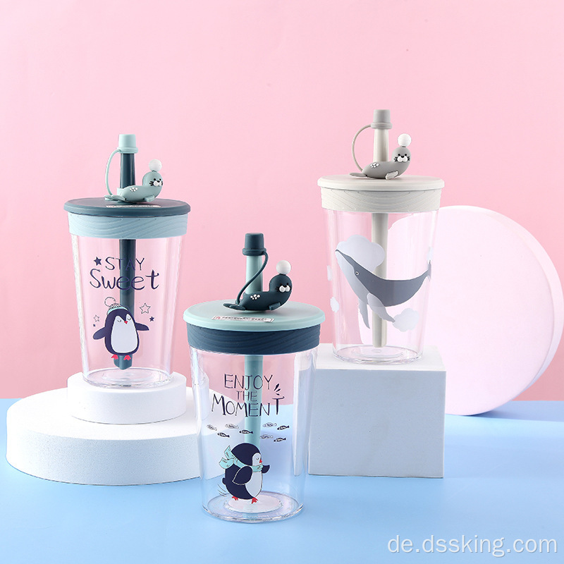 Tritan New Plastic Water Cup Cartoon Cup mit Deckel und Stroh