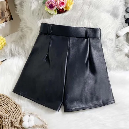 2021 New Pu Leather Shorts Women Summer Shorts All-Match Sashes Wide Leg Short Ladies Sexy Leather Shorts
