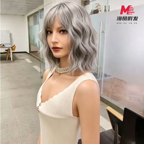 Silver Gray Short Wavy Synthetic Wig with Bangs 3