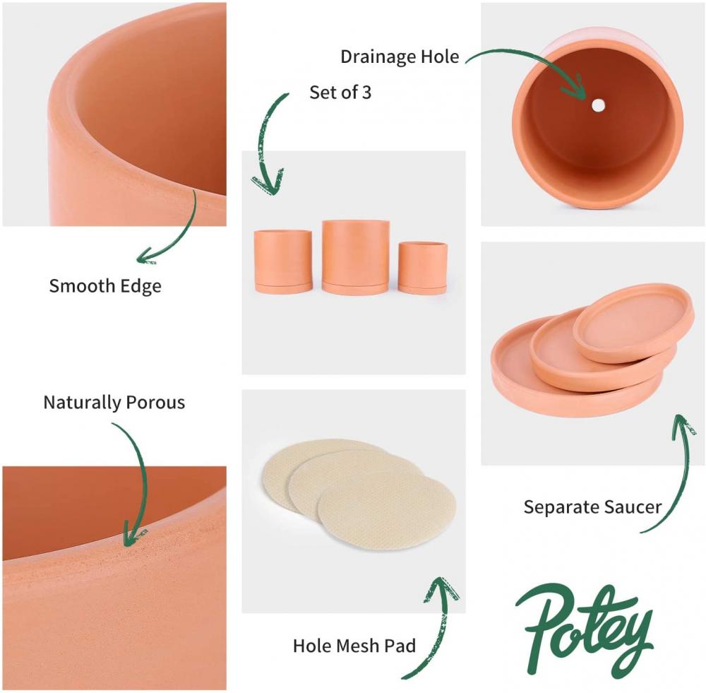 Penanam terakota dengan lubang drainase dan piring