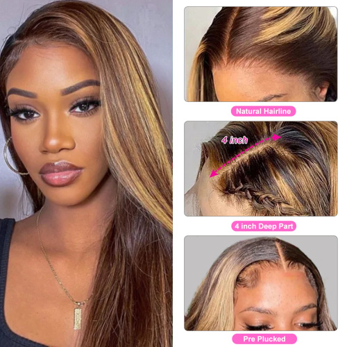 Highlight Brown Straight Lace Front Wig Human Hair Wigs For Women Lace Closure Wig Pre Plucked Honey Blonde Colored Cheap Wigs