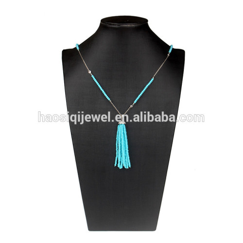 Alibaba atacado colar de platina de cristal azul de aço inoxidável de longa cadeia colar de jóias