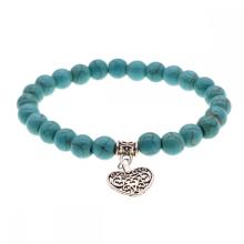 Bracelet de breloques de perles rondes de pierres précieuses turquoise naturelle de 8MM avec coeur en alliage