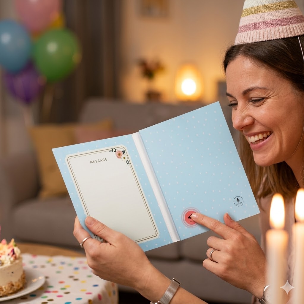 user opening recordable greeting card with personal voice message