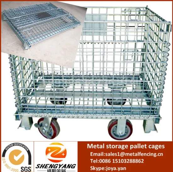 Hot sales wheels movable exhibition boxes visuality warehouse mesh containers stackable 4 layers metal storage pallet cages