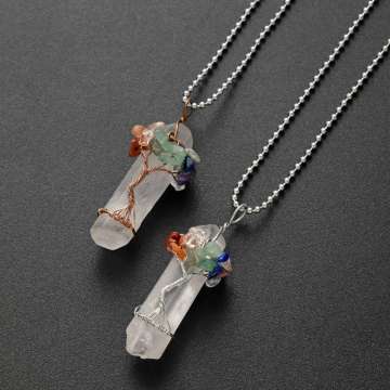 Chakra Gemstone Tree of Life Wire Wrapped Natural Clear Quartz Healing Crystal Point Pendant Necklace Mother's Day Gift