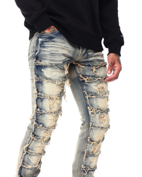 Custom Mens Stacked Slim Fit Distressed Denim Pants