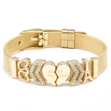 European Crystal Animal Heart Charm Stainless Steel Mesh Watchband Bracelet