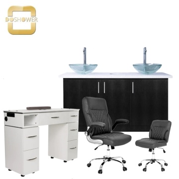 White Luxury Manicure Sink & Cabinet with Glass Bowl for Nail Salons and Bathrooms