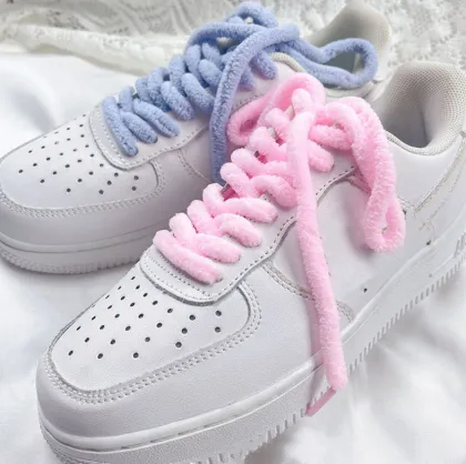 White Pink Fuzzy Shoelaces for SB Dunks and Converse Canvas Sneakers