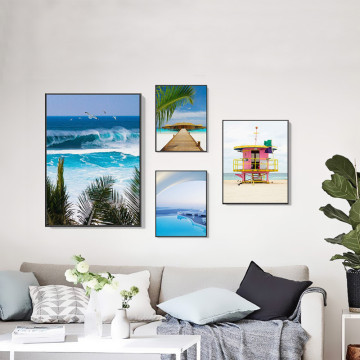 Poster Blue Sea Pool Green Tropical Palm Tree Beach Bus Modern Seascape Canvas Painting Picture Print Home Wall Art Decoration