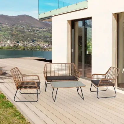 Outdoor Patio Courtyard Rattan Furniture Set - 4Pcs Garden Sofa