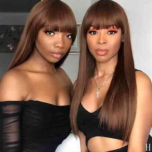 Chocolate Brown Straight Human Hair Wigs with Bangs