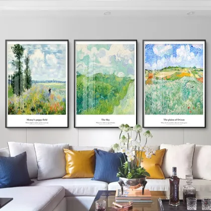 Starry Night Sunflower Triptych - Van Gogh Inspired Living Room Wall Art
