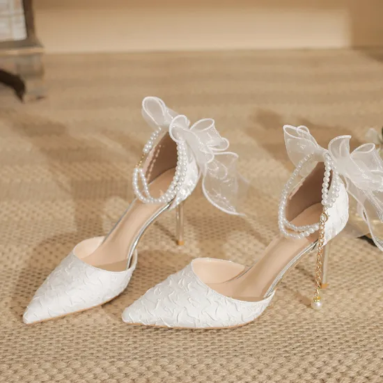 Wedding and Party High Heels: Pointed, Thin Heel White Bride's Shoes with Hollow Design, Large Size 43, Bridesmaid Pearls - Women's Footwear