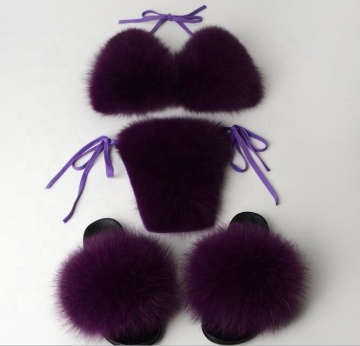 Fashion Hairy Slippers Real Fox Fur Sandals Indoor Fox Fur Bikini Sexy Suit fluffy Plush Slippers Underwear Bra flat Home Shoes