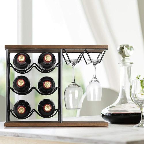 Wooden Wine Rack 6 Wine Bottles and 4-Glasses