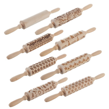 Christmas Laser Engraved Wood Dough Rolling Pin for Cookies Cake Tools