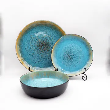 Fambe ceramic japanese blue Glazed dinner plate serving dish Dinnerware Round Flat Shallow Salad Steak Plate for restaurant