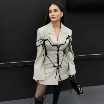 2024 Autumn New Casual Lapel Long Sleeve Mini Dress Elegant Strap Slim Evening Suit Dress Y2k Women's Patchwork Suit Dress