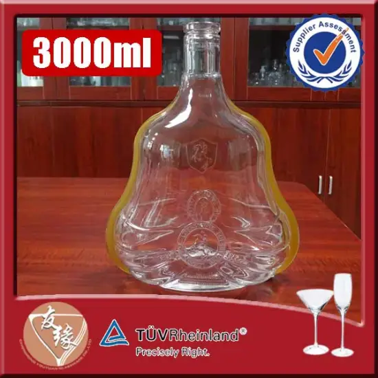 Custom shaped fine white glass brandy XO 3L large liquor bottles