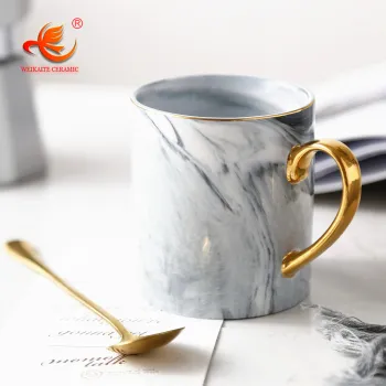 Custom Marble Look Golden Handle Milk Coffee Mug with Lid and Spoon