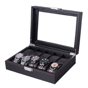 10-slot Carbon Fiber Leather Watch Box Case Organizer dengan Top Glass for Pria and Women's Watches