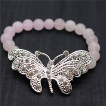 Pulsera de piedras preciosas elástica de cuentas redondas de cuarzo rosa de 8 mm con pieza de mariposa grande de aleación Diamante