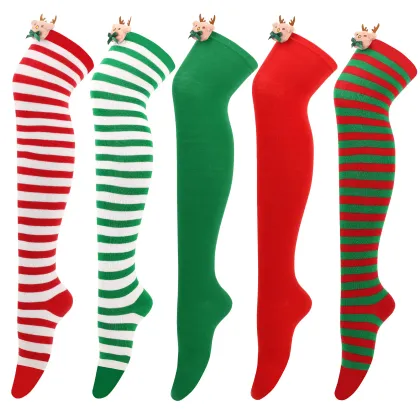 Wholesale Christmas Striped Over Knee Socks with Santa Bow
