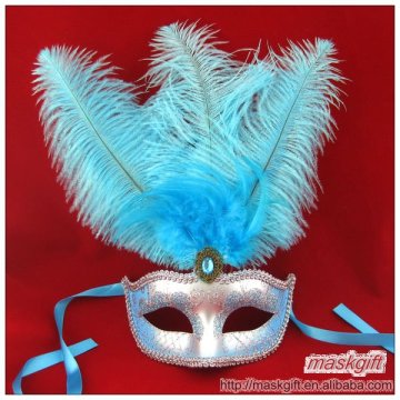 High Quality Light Blue And Silver Venetian Feather Carnival Mask