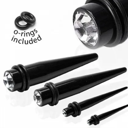 Ear Taper Black Acrylic Clear CZ Gem