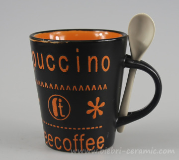 360ml Color Glazed Logo Decal Artwork Painted Ceramic Stoneware Coffee Tea Mugs Cups With Spoon Sets