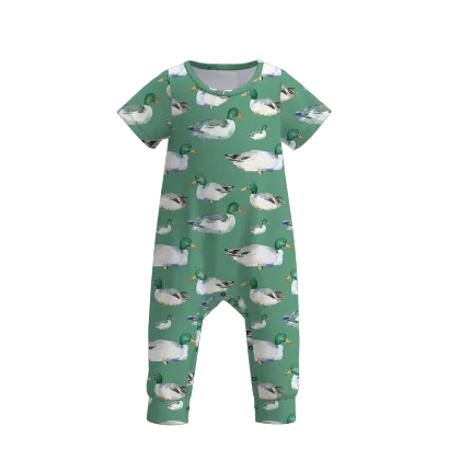 Customized Organic Cotton Infant Boys Summer Jumpsuit with Wild Duck Goose Print