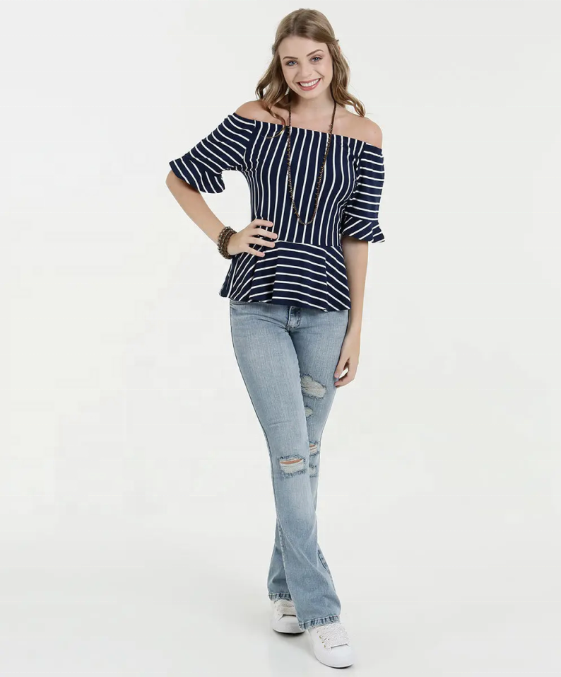 Women's Black and White Striped Off Shoulder Shirt