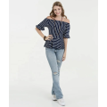 Women's Black and White Striped Off Shoulder Shirt