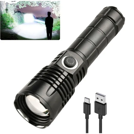 High Lumens 100000 Long Range USB-C Rechargeable Tactical LED Flashlight with Zoom Function