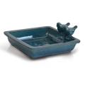 Teal Glaze Quadrate Ceramic Bird Feeder na may mga Ibon