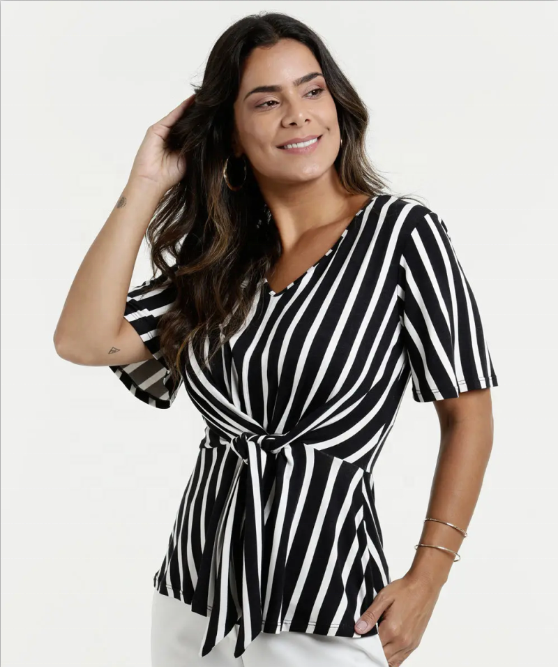 Blusa de manga larga con cuello en V y rayas para mujer