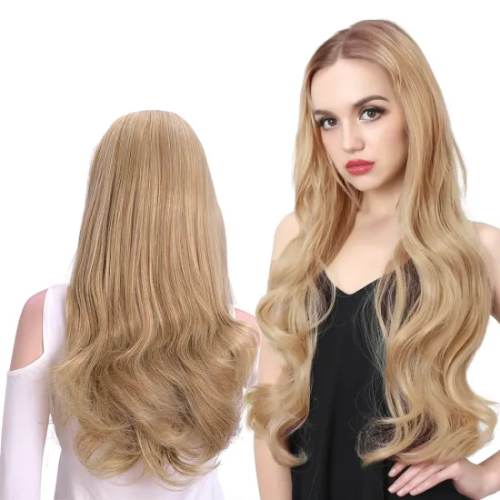 Wholesale Soft Long Ombre Brown Blonde Capless Wigs Hair Clips Extension 24Inches Wavy 3/4 Half Wig Synthetic Hair Extensions