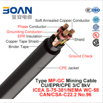 Type MP-Gc, Mining Cable, Cu/Epr/CPE, 3/C, 8kv (ICEA S-75-381/NEMA WC-58)