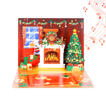 Biglietto pop-up natalizio 3D per caminetto con musica