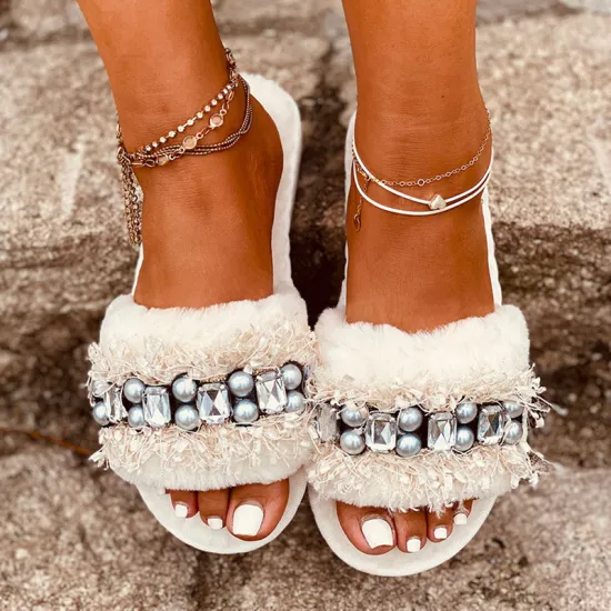 Women Crystal Plush Slippers Woman Pearl Warm Flats Female Outdoor Flats Ladies Fashion Shoes Women's Home Comfortable Footwear