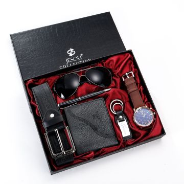 RTS Men's Luxury Gift Set: 6-Pieces including Changeable Watch, Logo Custom Items, Wallet, Belt, Sunglasses, Pen, and Keychain