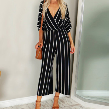 Overalls For Women Fashion summer Jumpsuit V-Neck Bodysuits Three Quarter Sleeve Striped Loose Jumpsuit Playsuit